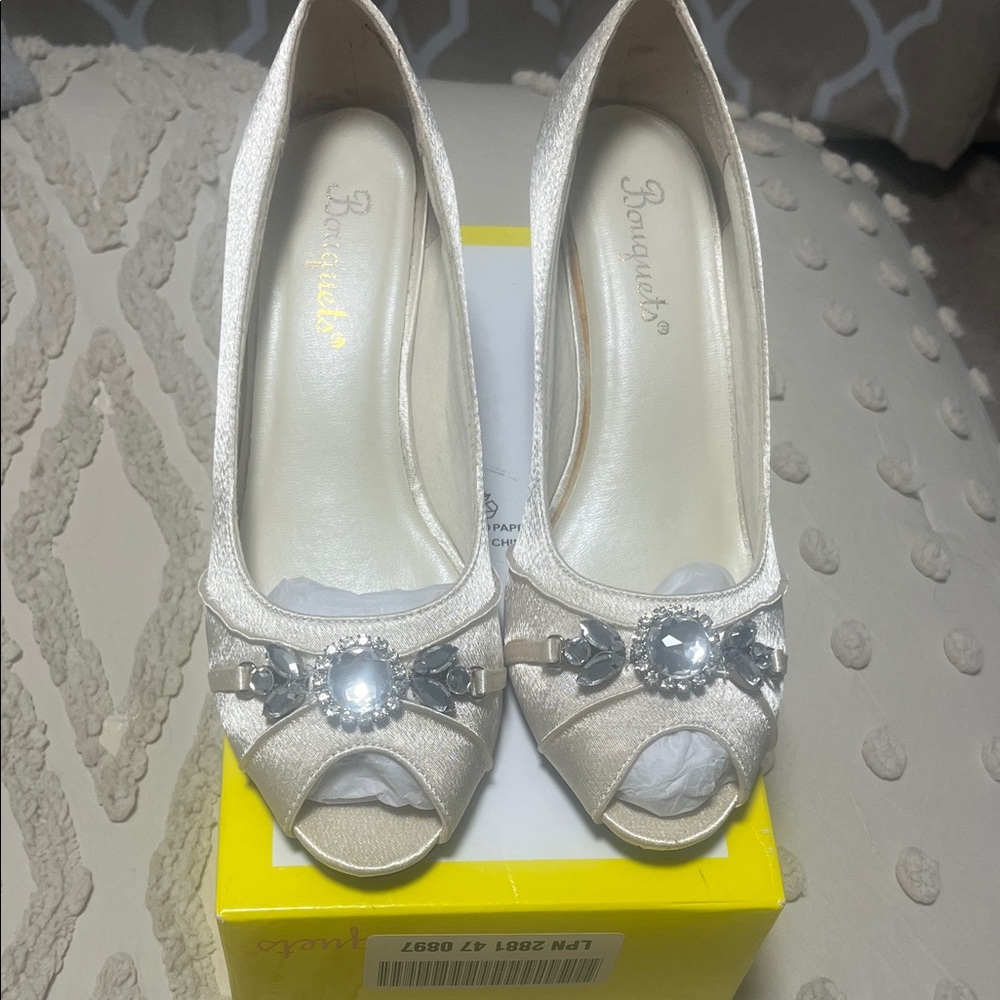 Elegant Cream Peep-Toe Heels with Embellishments